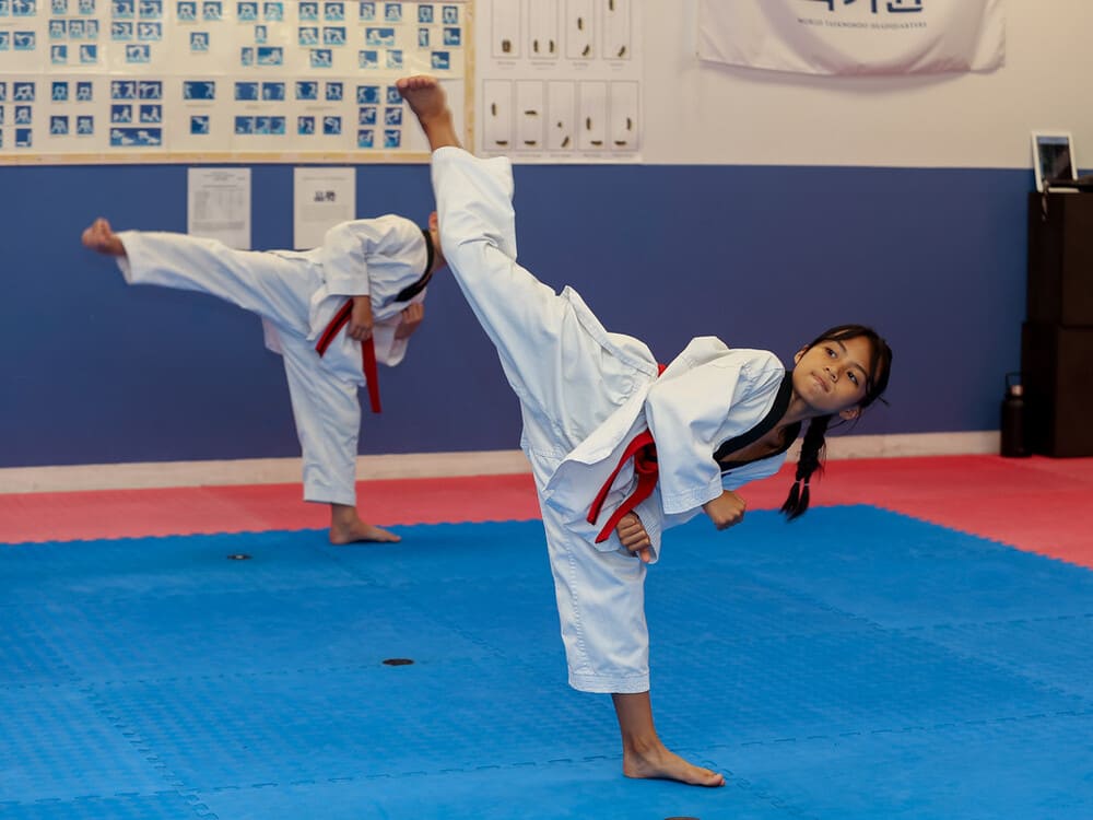 a young girl doing a taekwondo kicking pose in taekwondo uniform in Norristown PA
